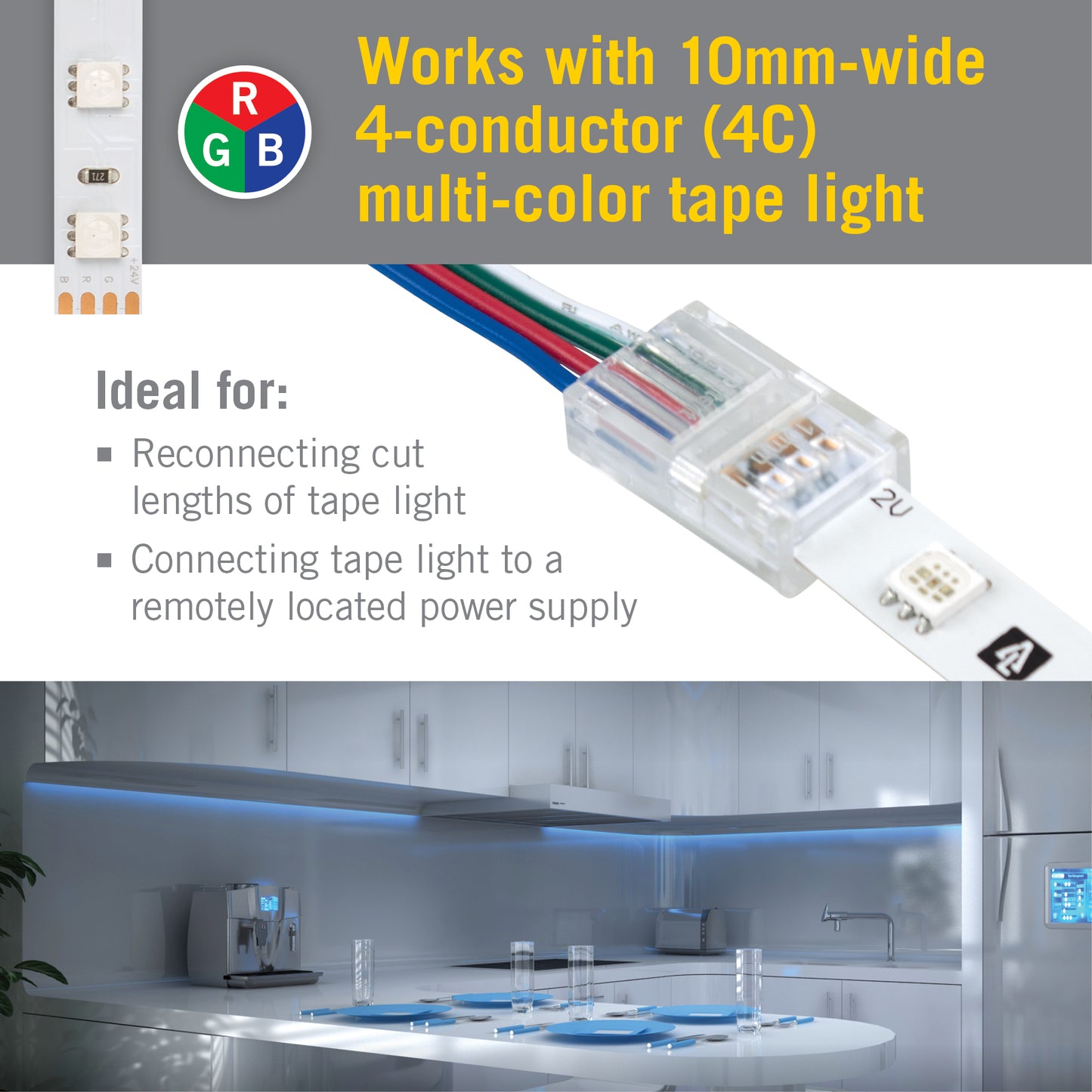 4 Pin LED Strip Light RGB Wire to Tape Connector