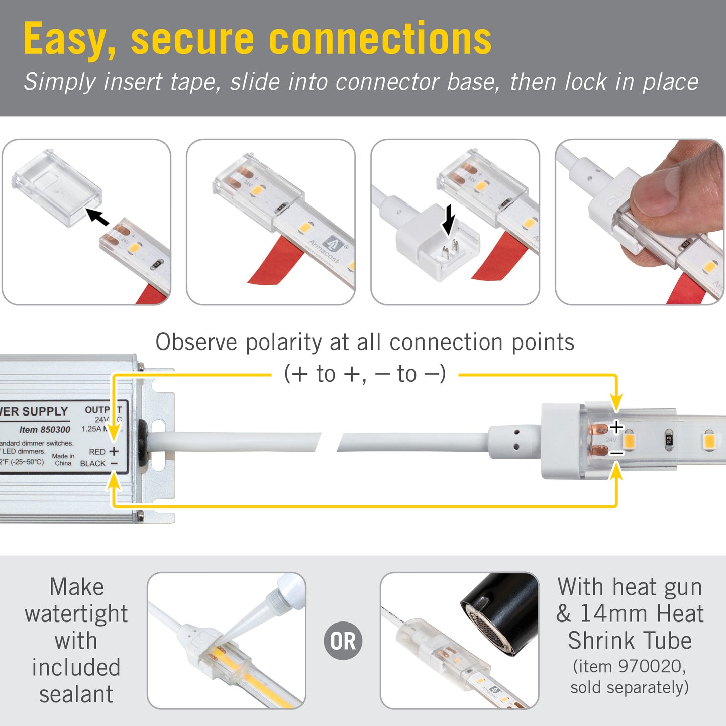 2 Pin LED Strip Light IP67 Outdoor 12 in Wire Lead Connector