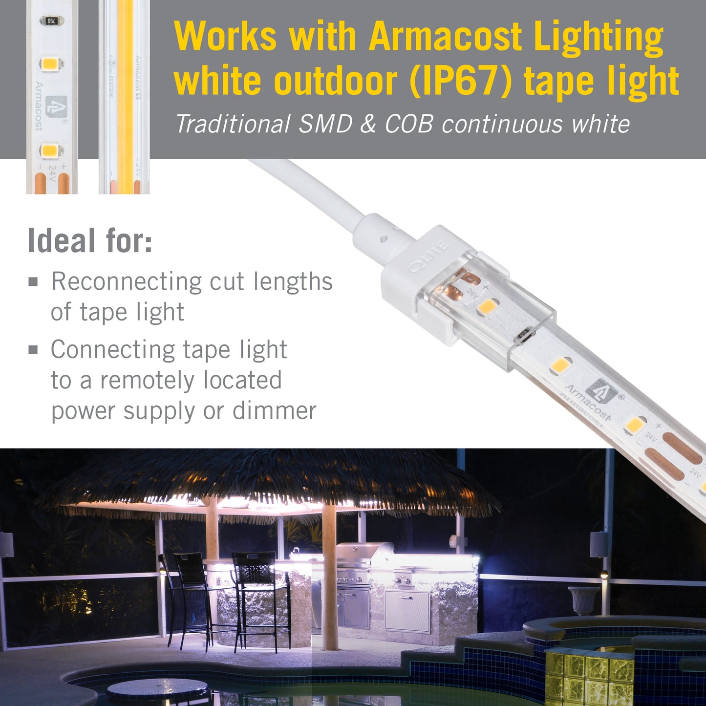 2 Pin LED Strip Light IP67 Outdoor 12 in Wire Lead Connector