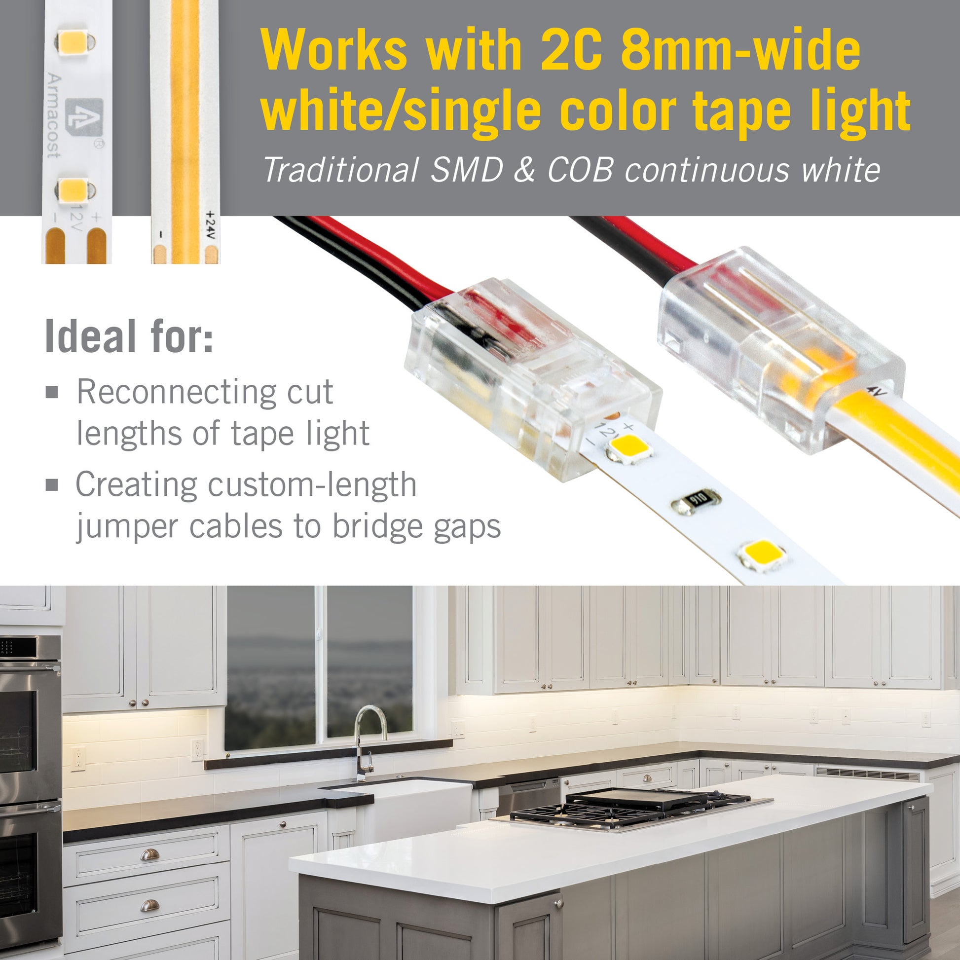 6 Pack 2 Pin LED Strip Light Wire to Tape Connectors