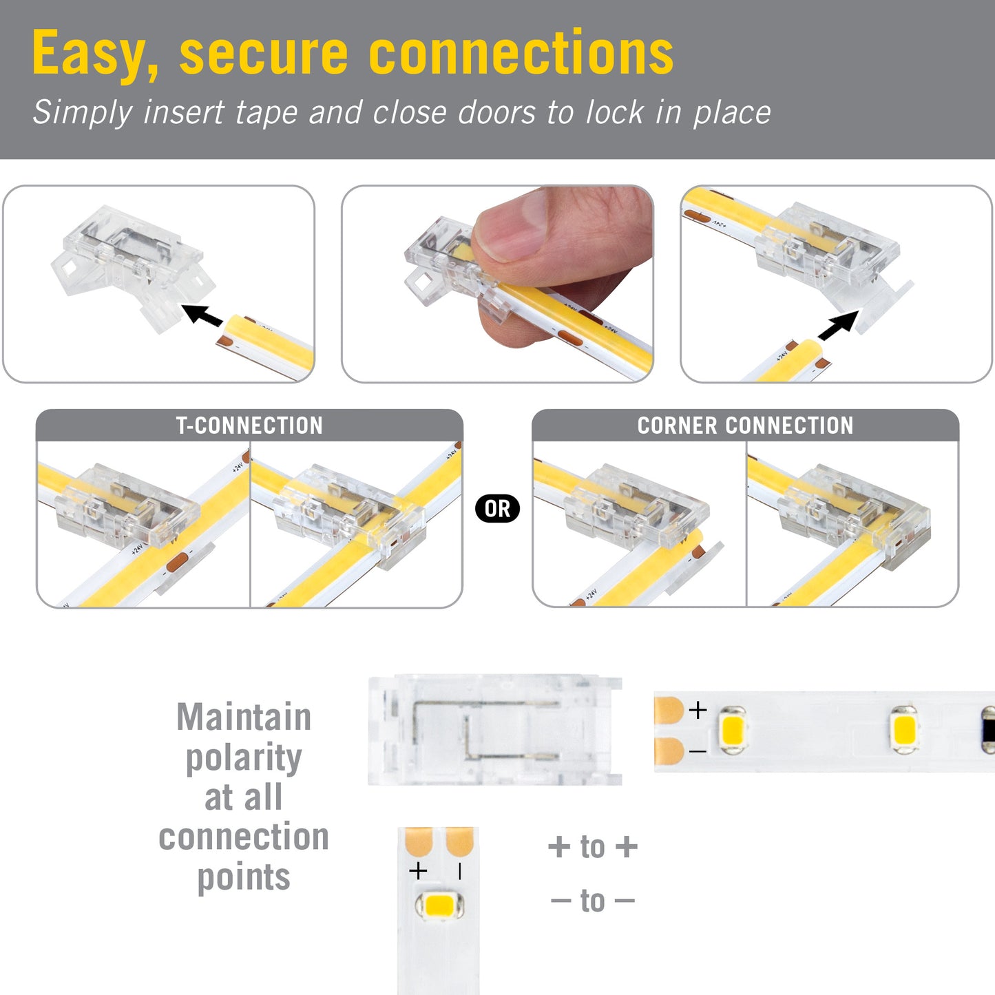 SureLock Pro 2 Pin LED Strip Light Tape to Tape T Corner Connectors