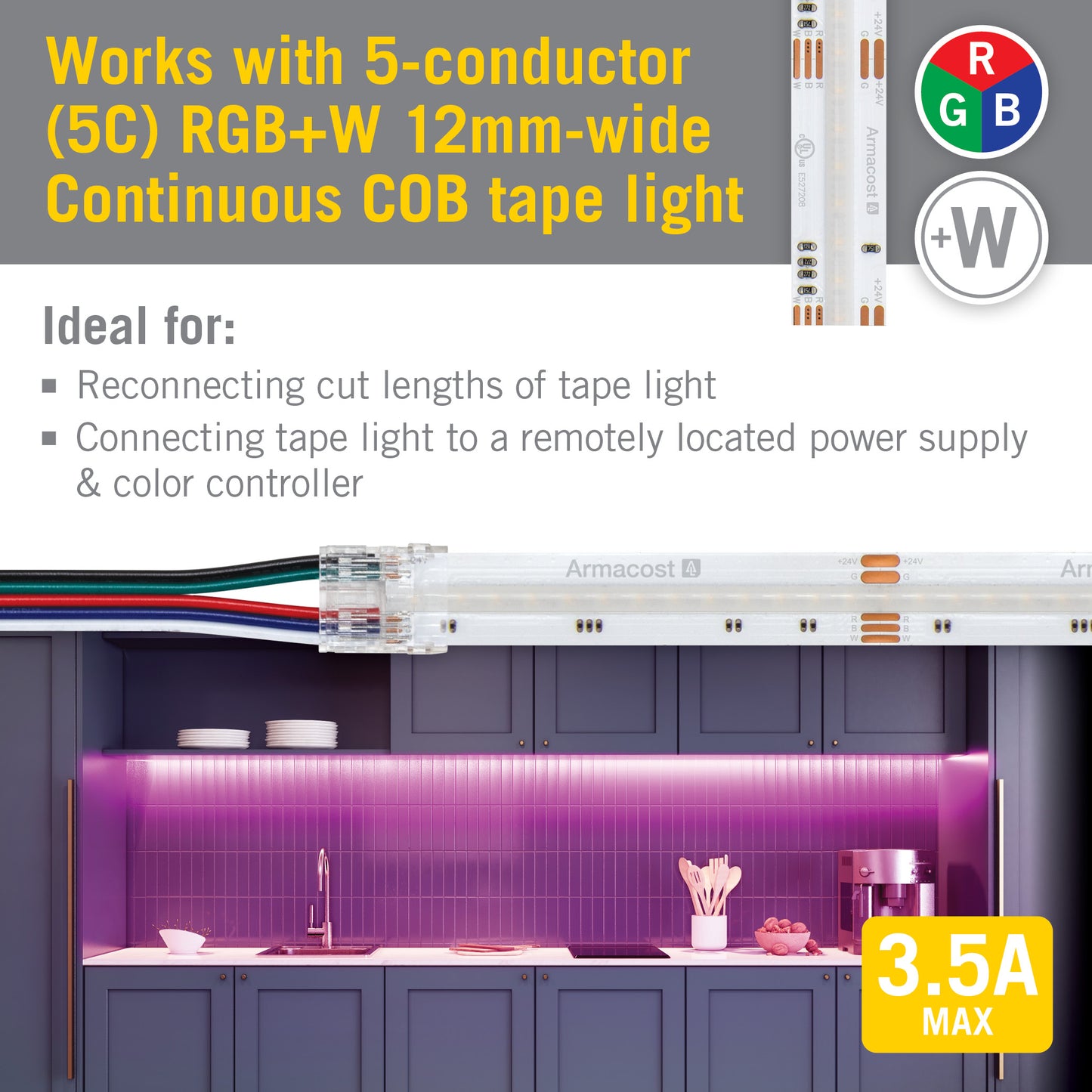 5 Pin COB RGB+W 48" Tape to Wire LED Strip Light Connectors