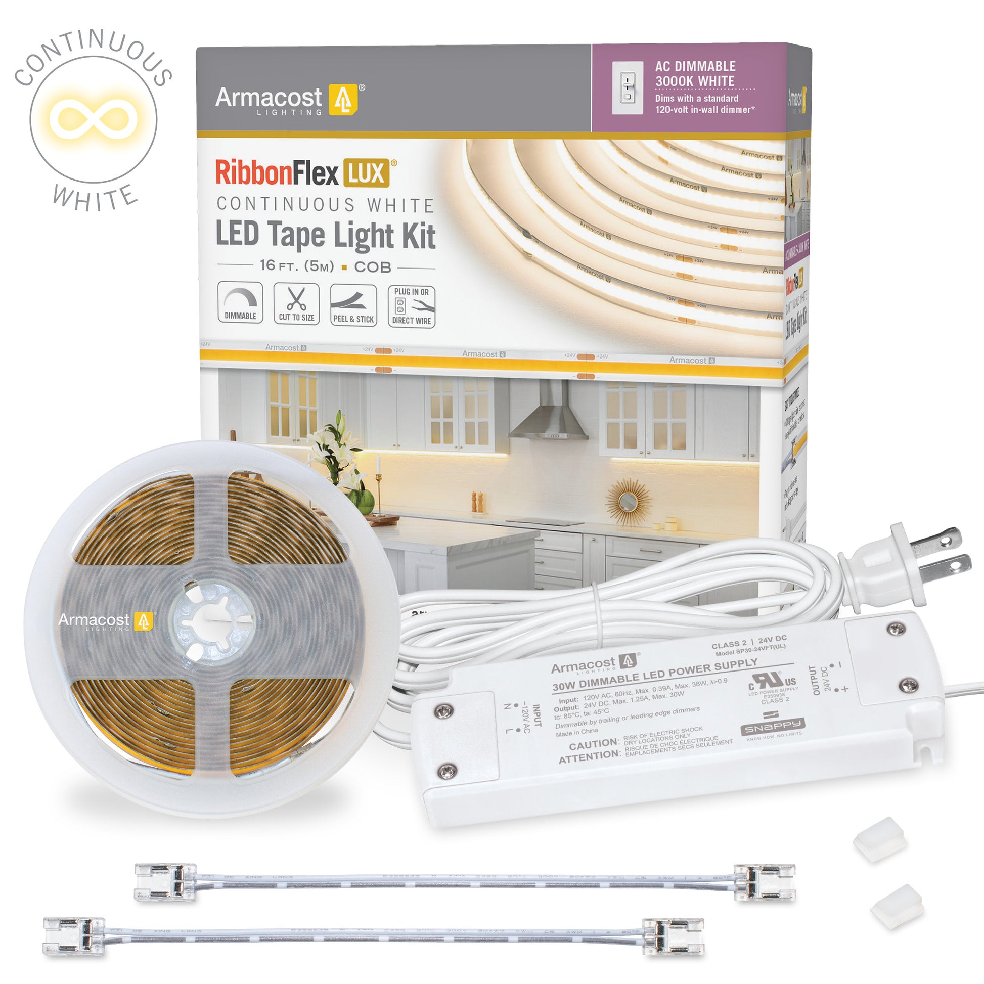 AC dimmable COB white LED strip light kit