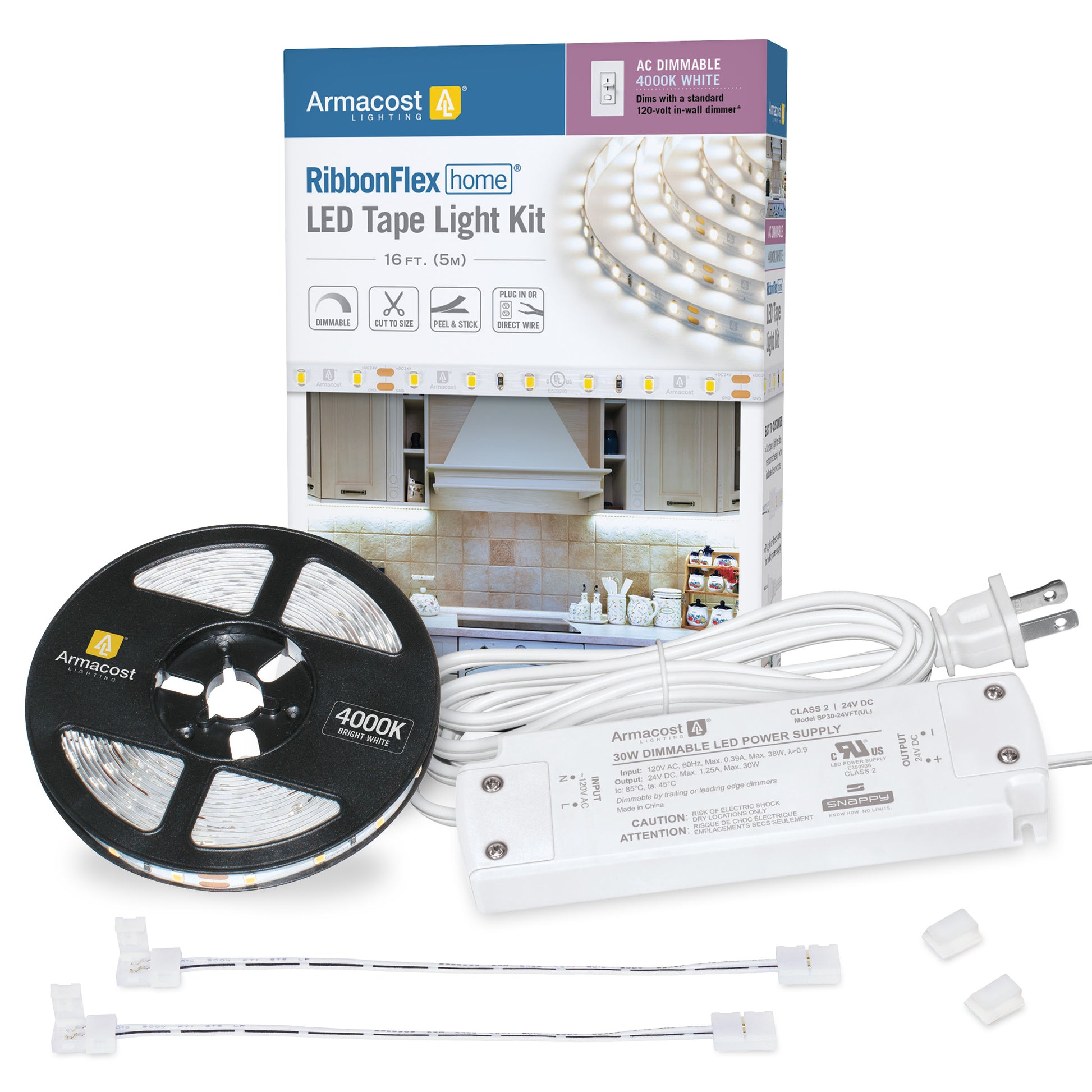 Warm White LED Light Strips (4-Pack) with Connecting Cables