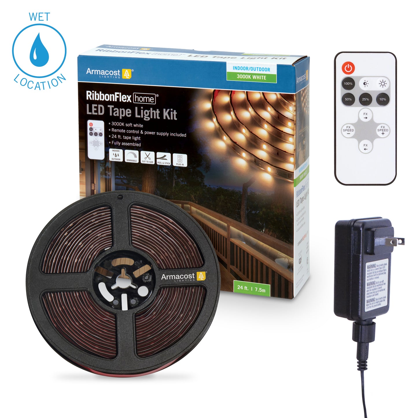 RibbonFlex Home 24V White Indoor Outdoor LED Strip Light Kit with Remote