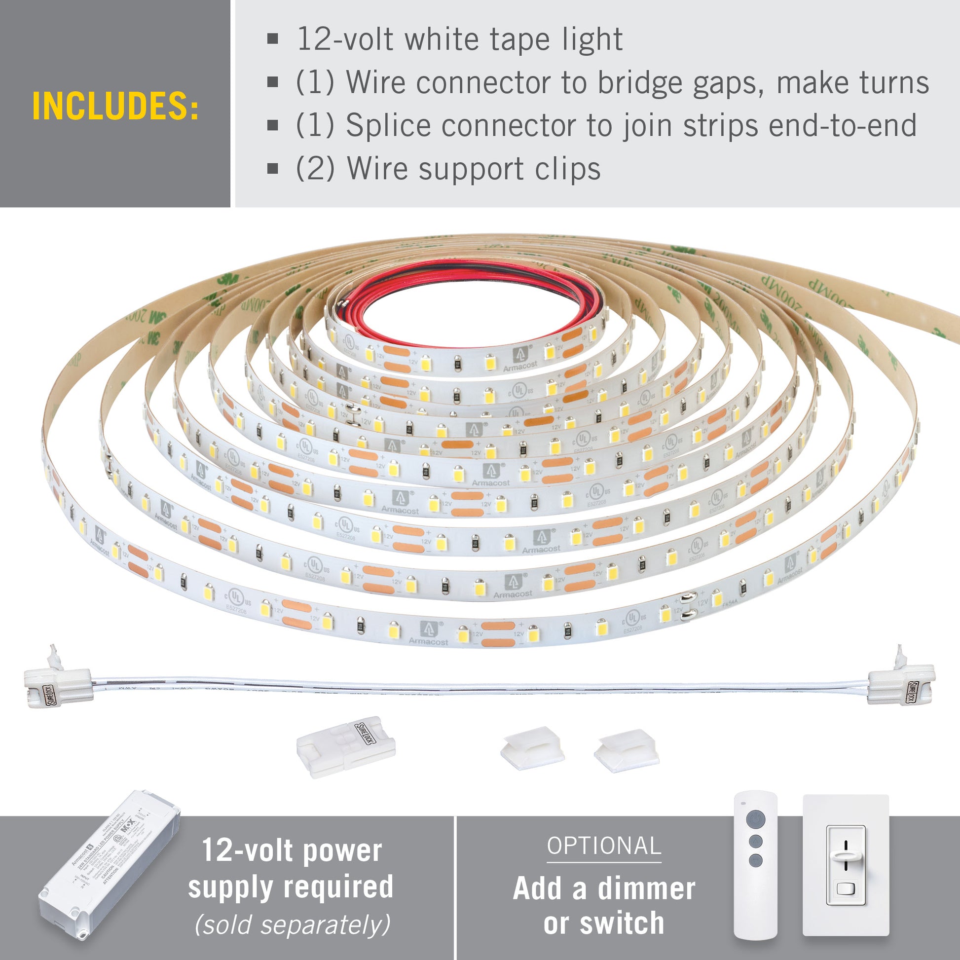 Warm White Flexible LED Strip - 12VDC, Waterproof - 12 inch LED Flex Strip with Connector