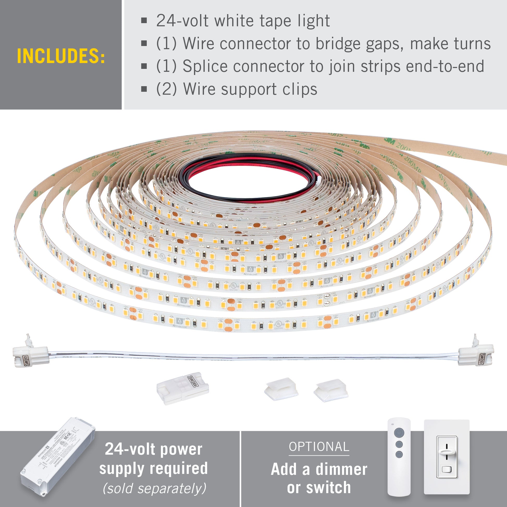 Armacost Lighting RibbonFlex Pro LED Tape Light, Soft Bright White (3000K), 120LEDs/M, 32.8' (10M) 24V, 146250