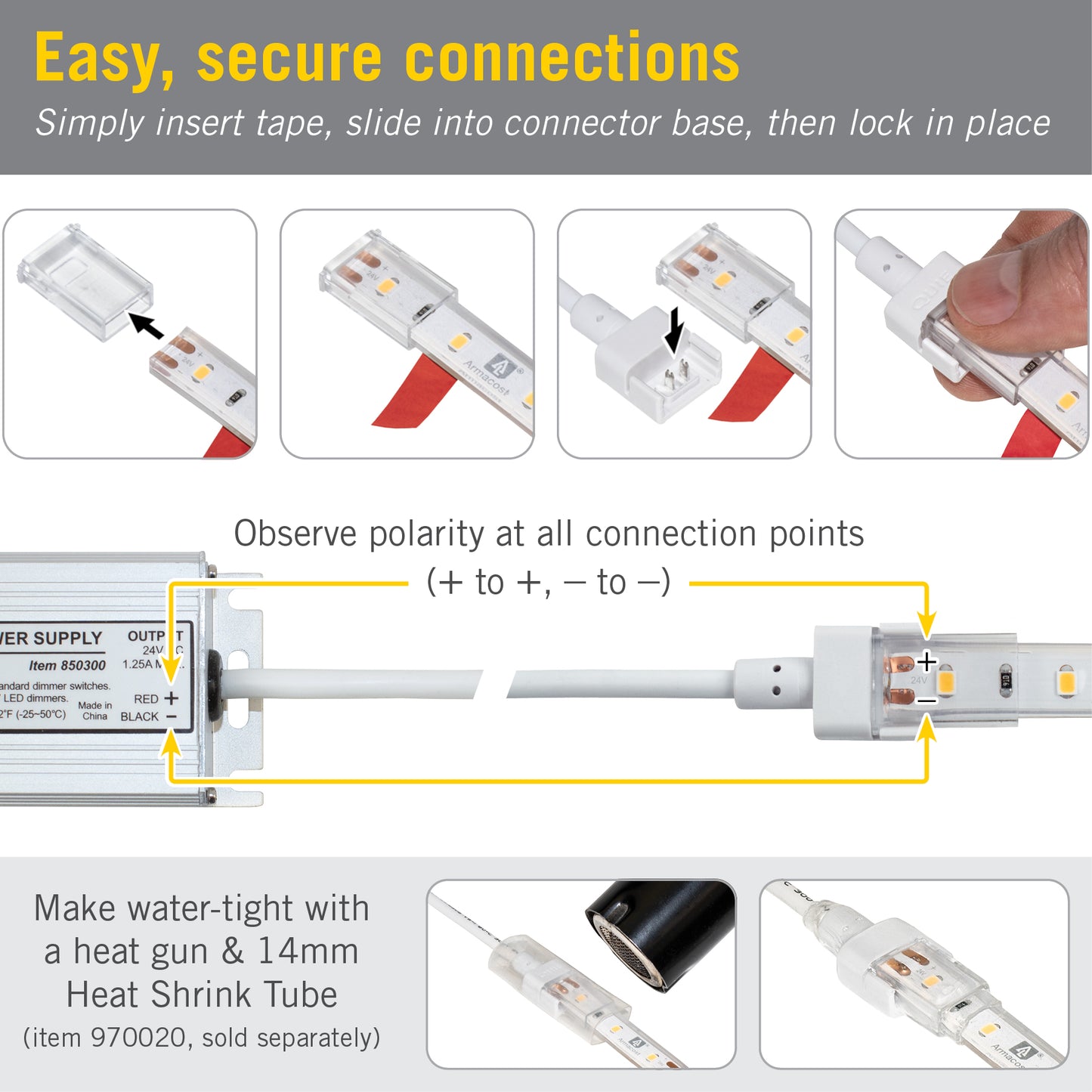 2 Pin LED Strip Light IP67 Outdoor 12 in Wire Lead Connector