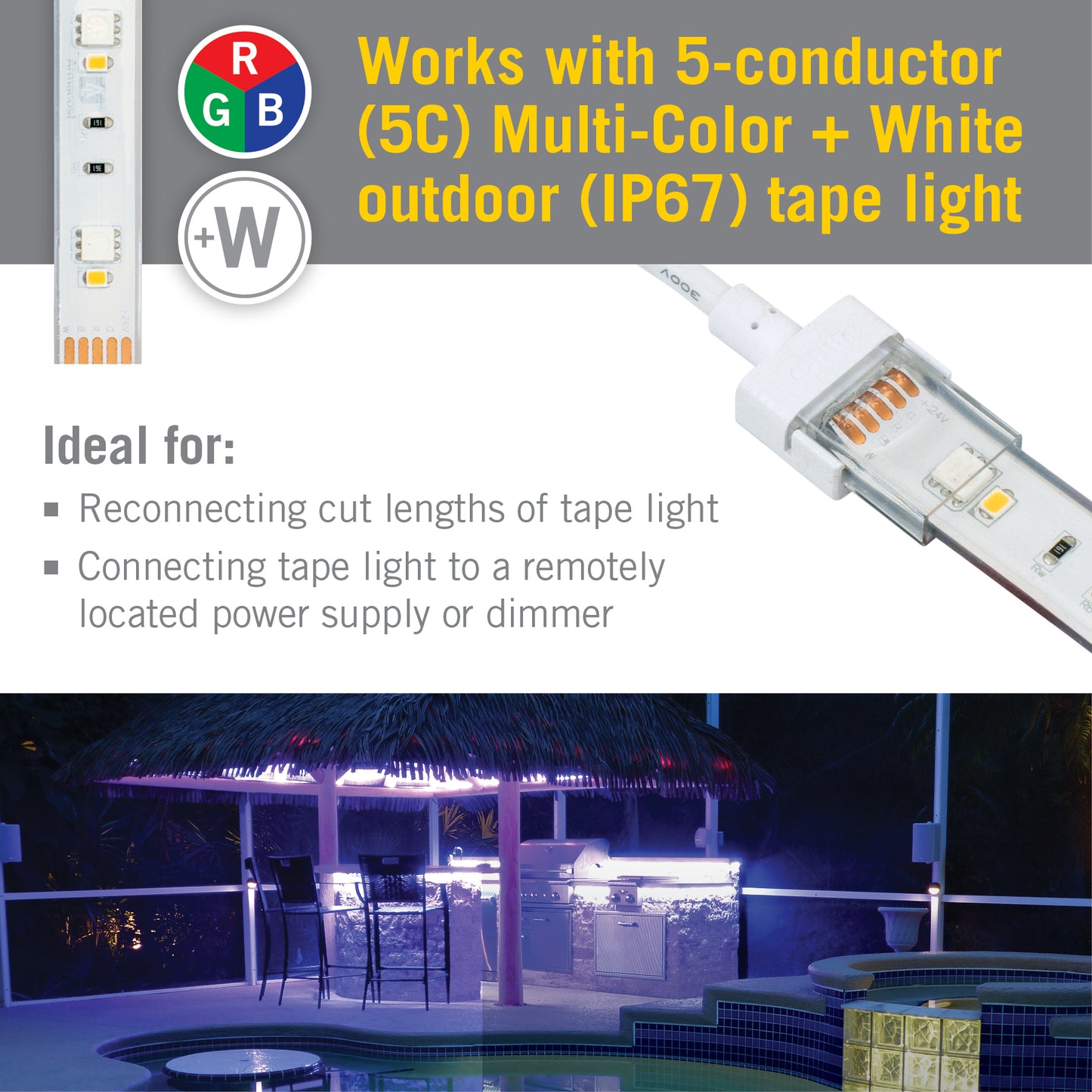 5 Pin IP67 Outdoor LED Strip Light RGB+W 12 in Wire Lead Connector