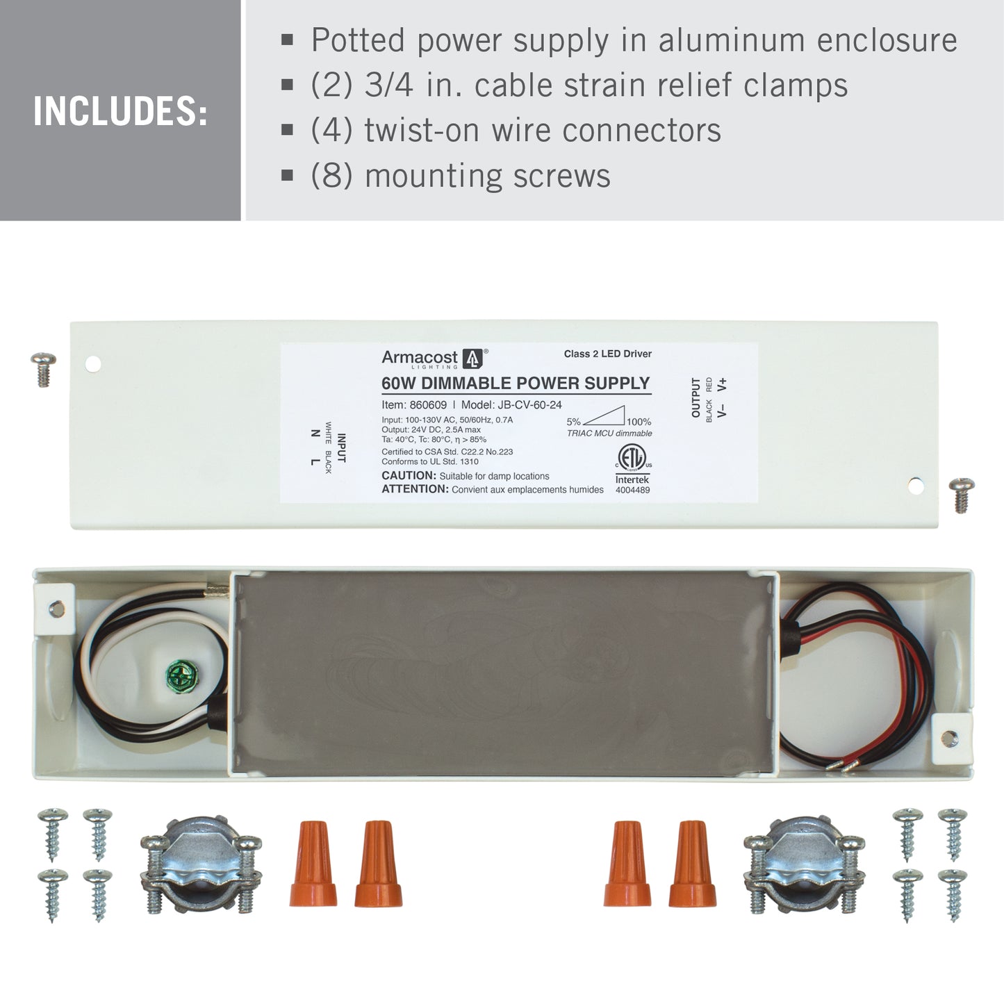 60W Dimmable LED Driver with Enclosure 24 Volt DC
