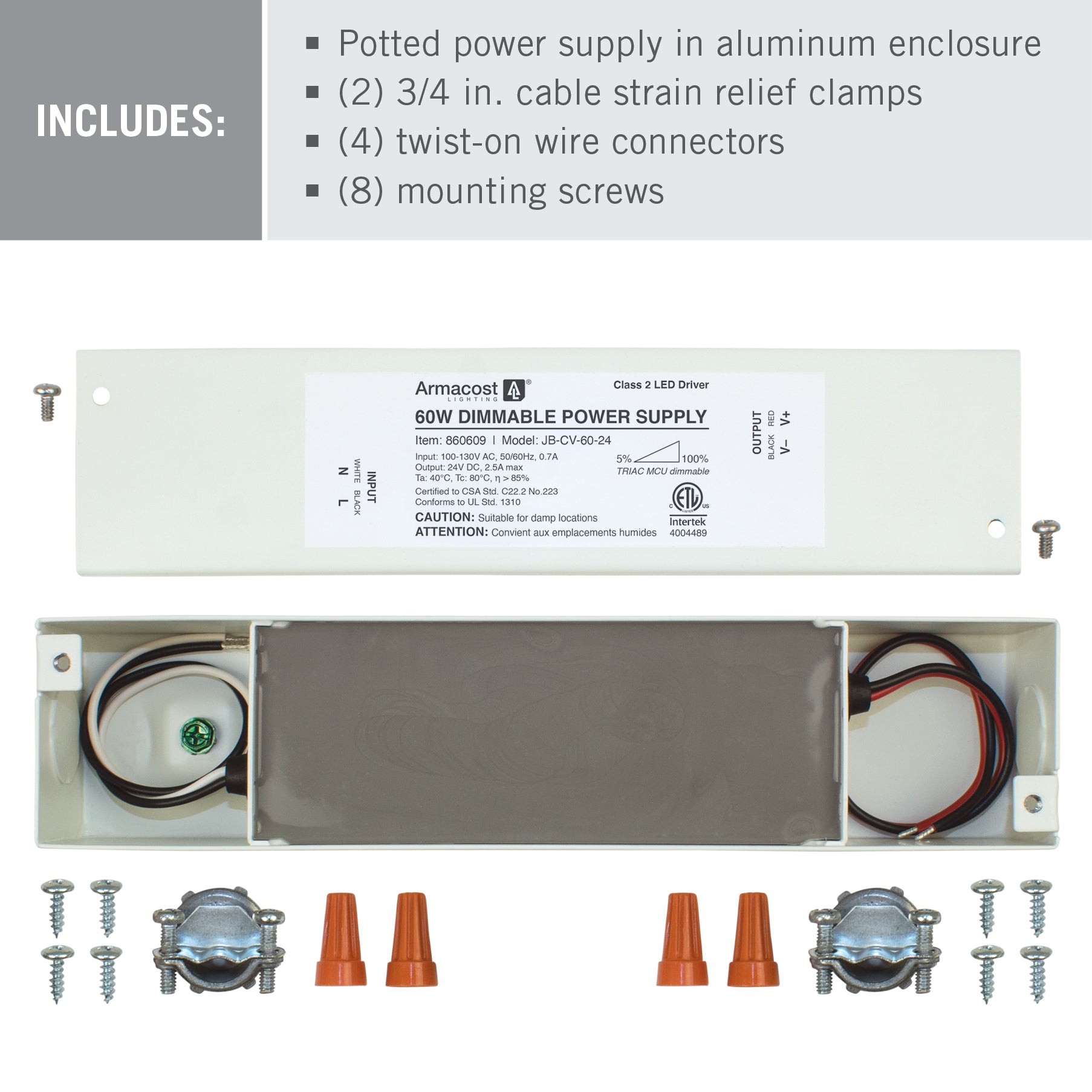 60W Dimmable LED Driver with Enclosure 24 Volt DC