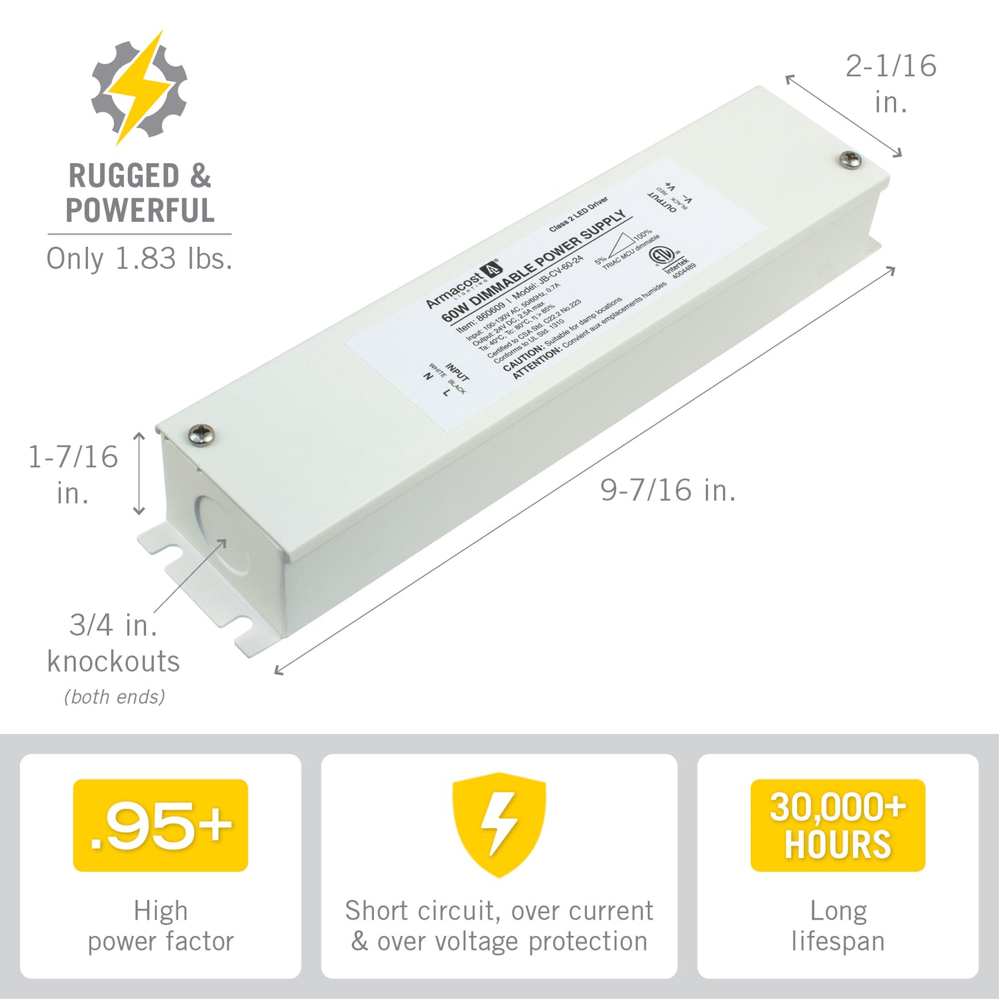 60W Dimmable LED Driver with Enclosure 24 Volt DC