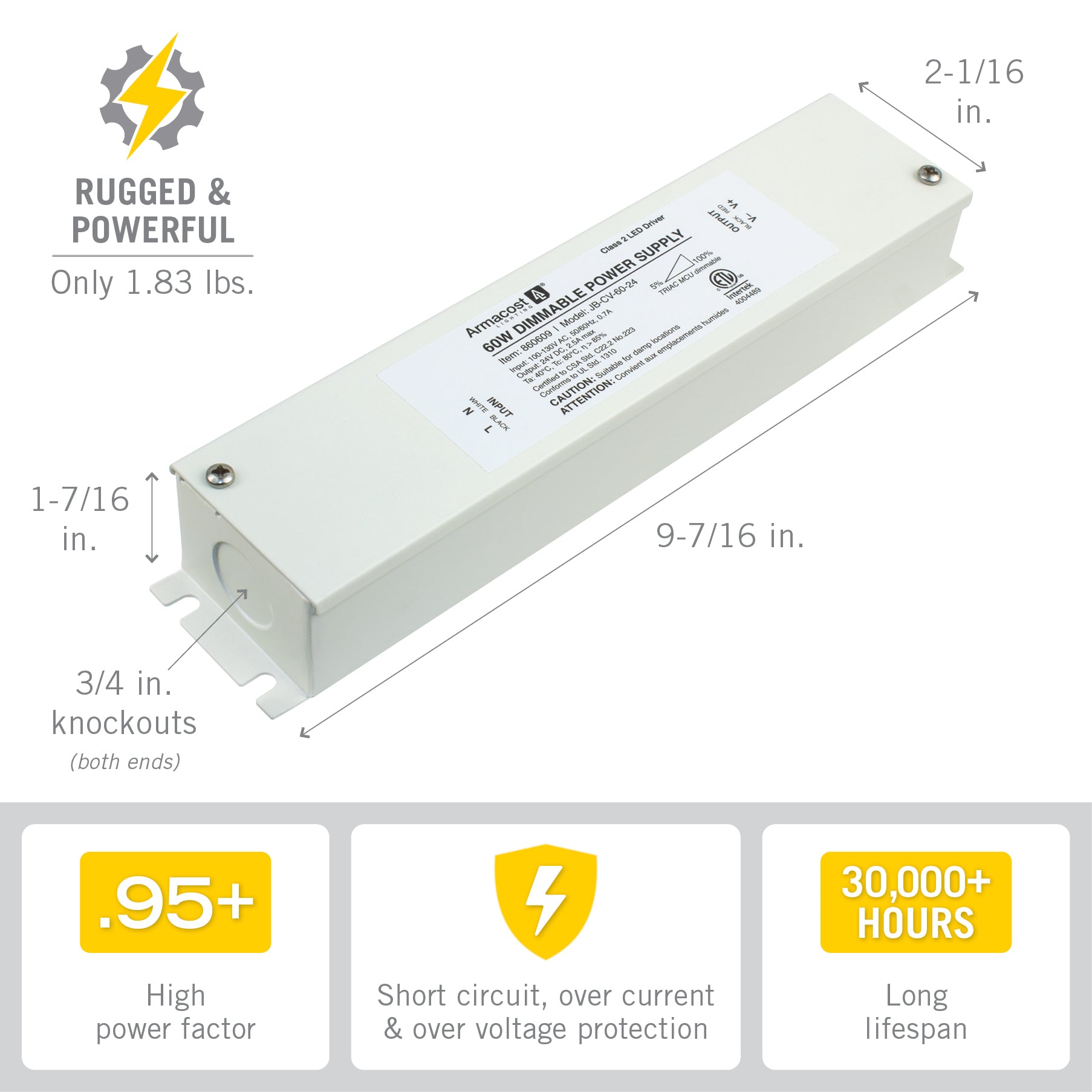 60W Dimmable LED Driver with Enclosure 24 Volt DC