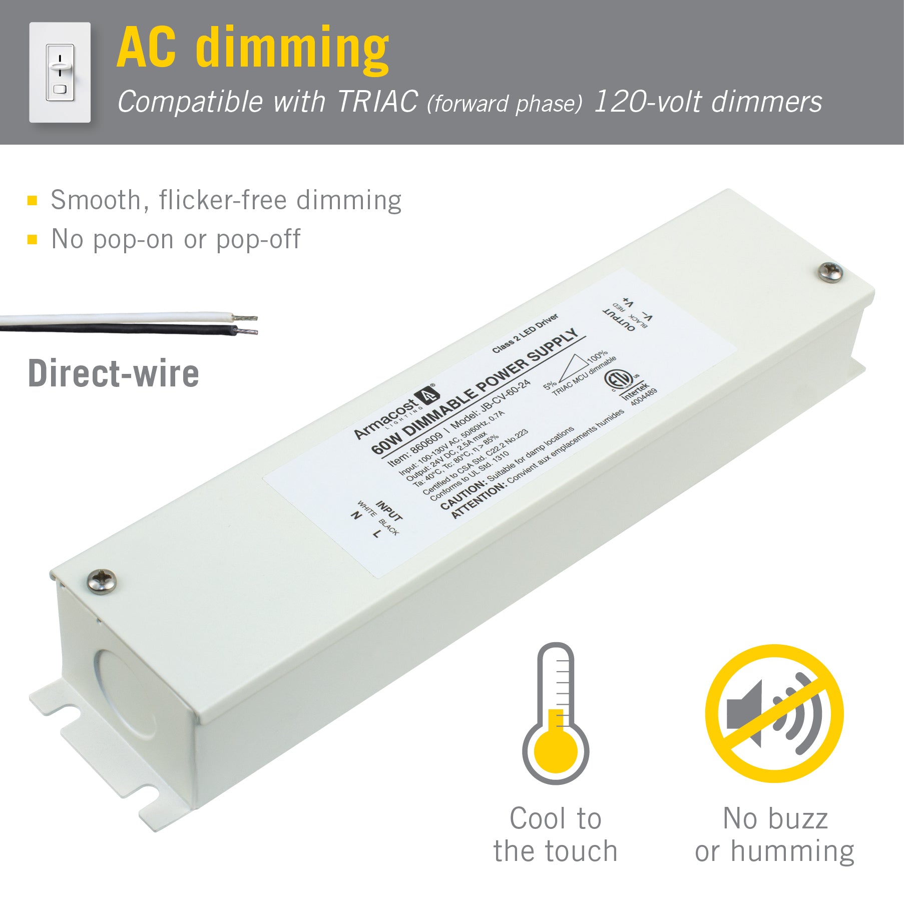 24V 60W Slim Linear Waterproof Dimmable IP65 LED Power Supply for LED Strip  Lighting