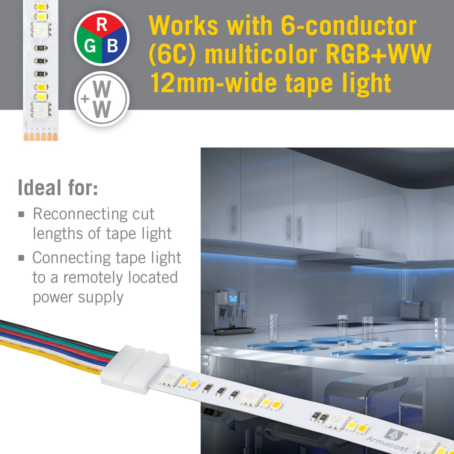 6 Pin RGB+WW LED Strip Light 48 in Tape to Wire Connector