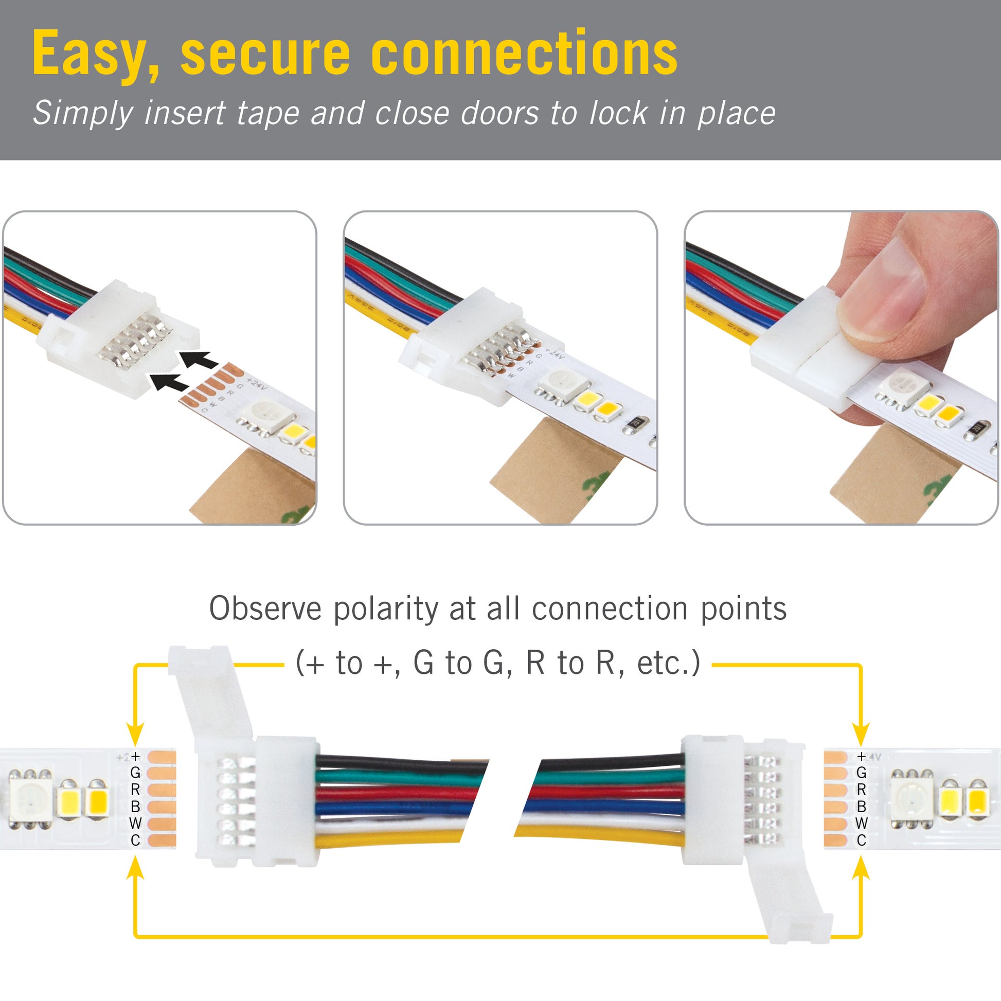 Commercial Electric 6 in. Connector Cord LED Strip Light Connector Pack  (RGB+W) (4 in. x 6 in. Snap Connectors, 4 Wire Mounting Clips) 760011 - The