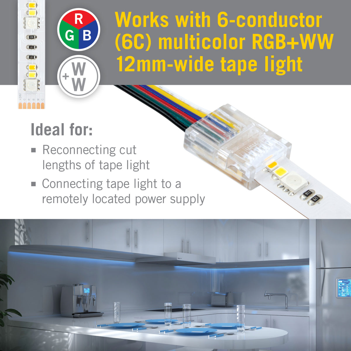 6pin Rgbwc Connector RGB+WW 6C LED Strip Light Tape to Wire Connector – Armacost Lighting