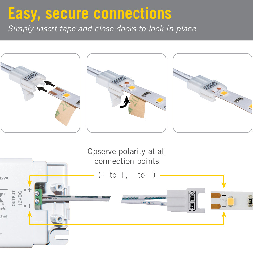 SureLock Pro 2 Pin Tape to Wire LED Strip Light Channel Connectors