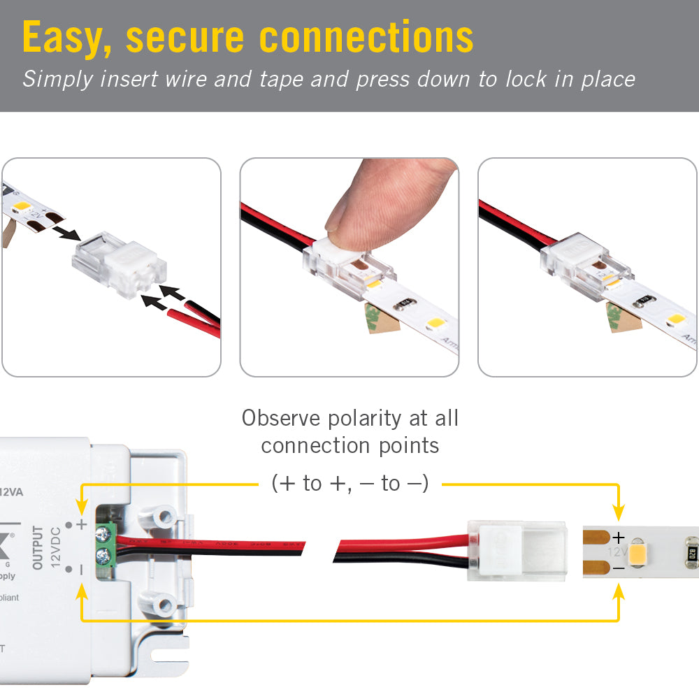 SureLock Pro 2 Pin LED Strip Light Tape to Wire Channel Connector